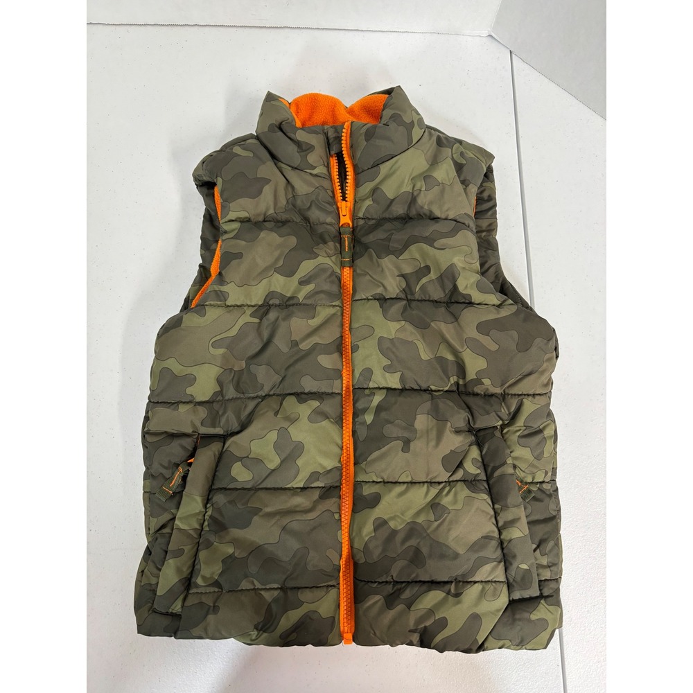 Amazon‎ Essentials Boys Camo Puffer Vest Green Orange Fleece Lined Size S 6-7